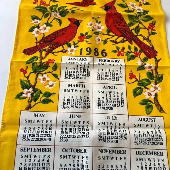 Vintage Calendar Linen Towels 1972 1986 1995 Bird Cherries Stream Covered Bridge - Picture 2 of 7